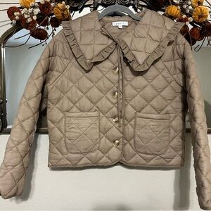 Ganni Quilted Tan Puffer Jacket with Ruffle Collar